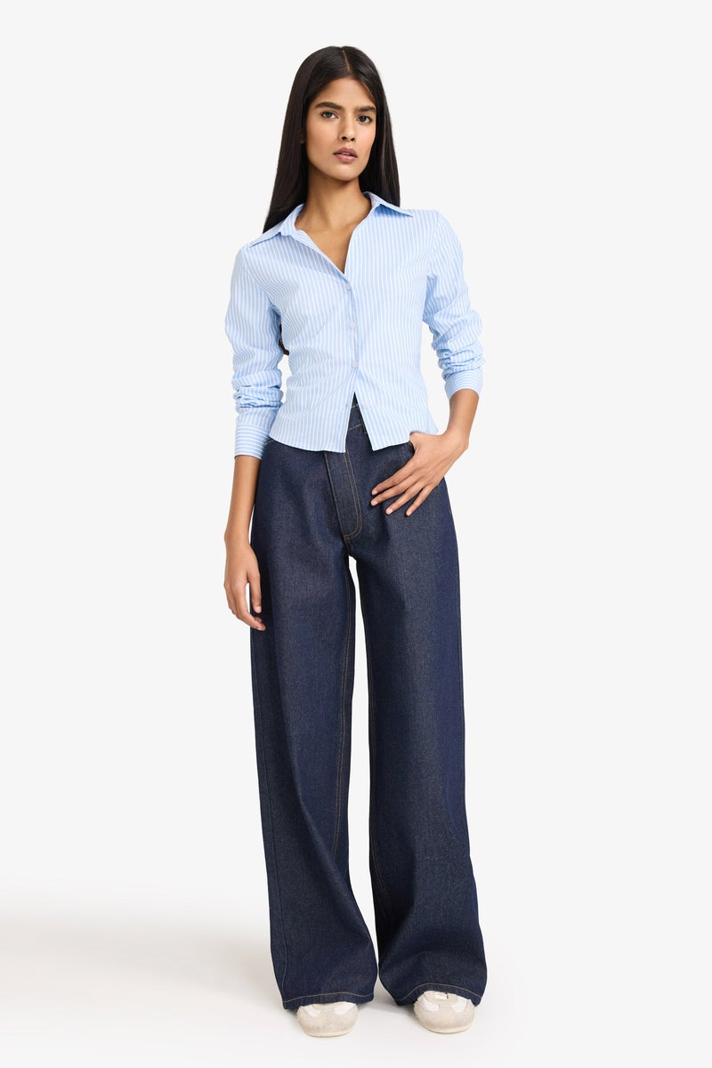 DeFacto Blue Woman Fitted Bengalin Striped Shirt Casual - Image 2